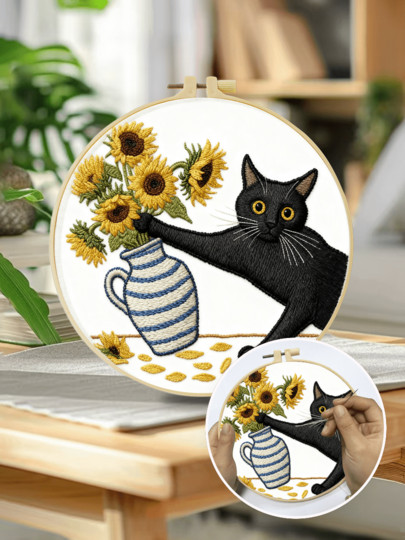 Kit broderie — Chat noir et tournesols | Coutureo