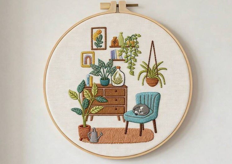 Kit broderie — Intérieur végétal et chat endormi