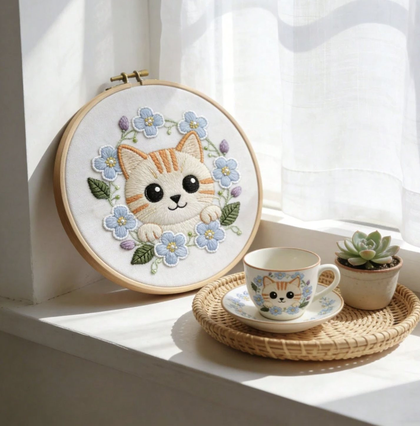 Kit broderie — Chaton blanc et fleurs bleues