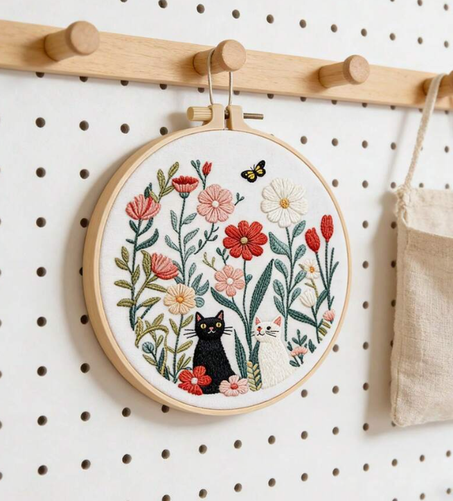 Kit broderie — Chat noir dans les fleurs