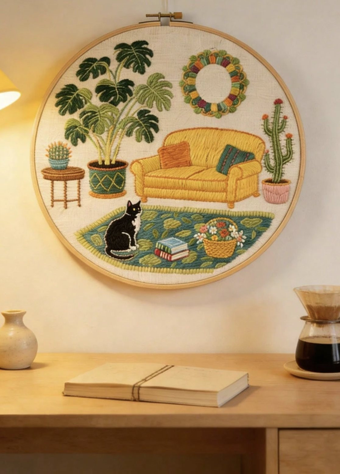 Kit broderie — Salon végétal et chat noir