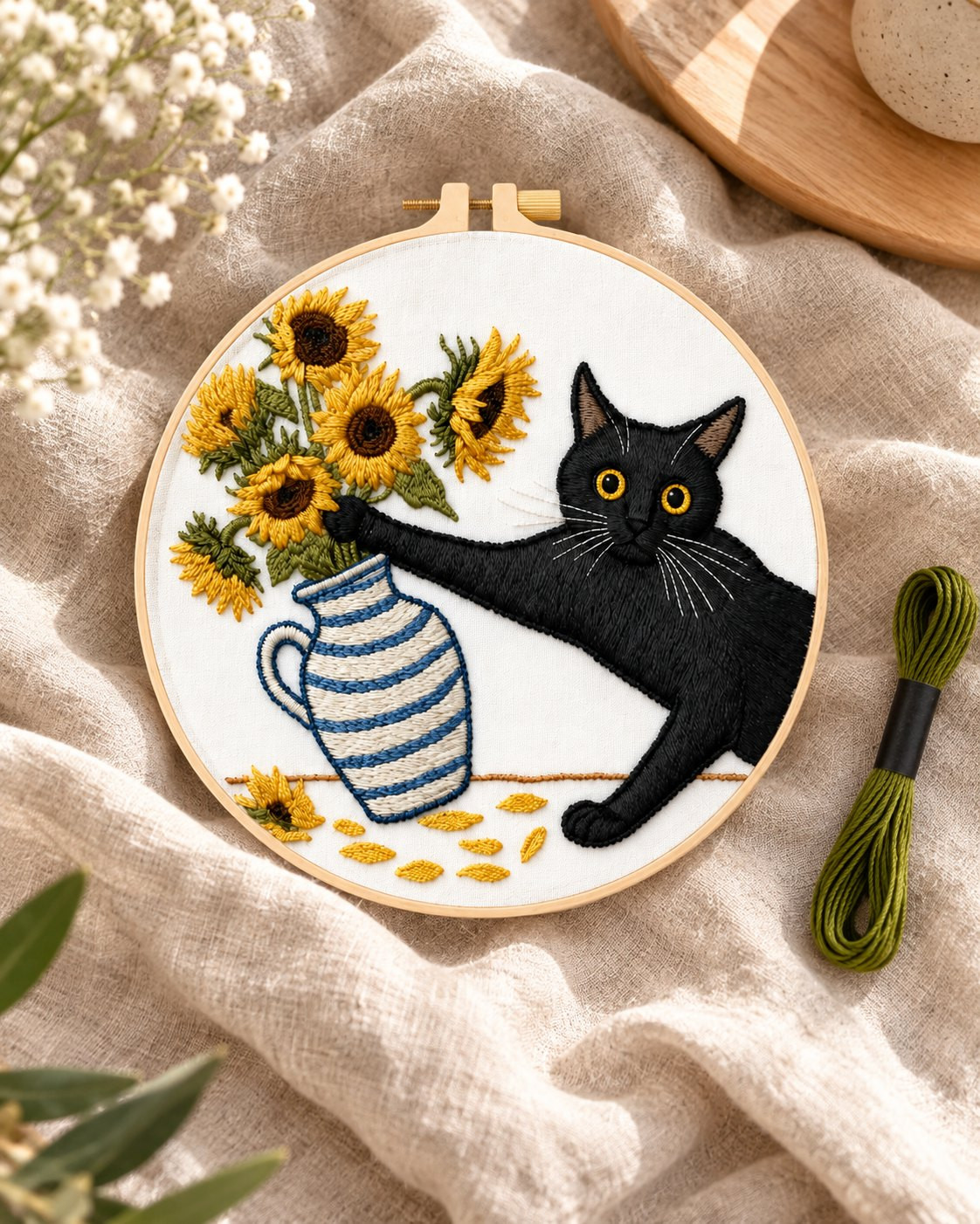 Kit broderie — Chat noir et tournesols