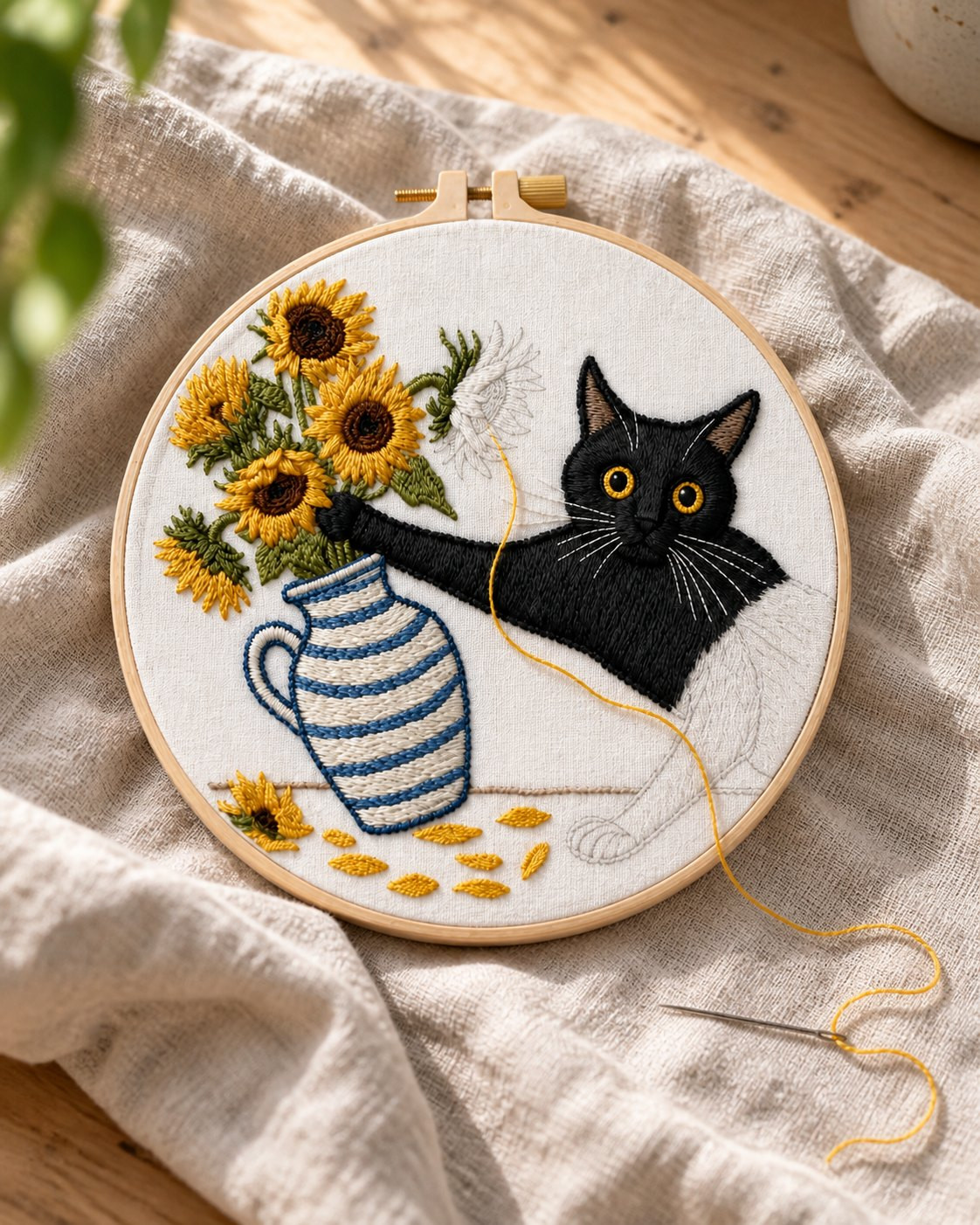 Kit broderie — Chat noir et tournesols