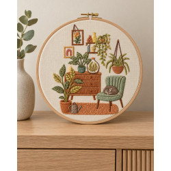 Kit broderie — Intérieur végétal et chat endormi