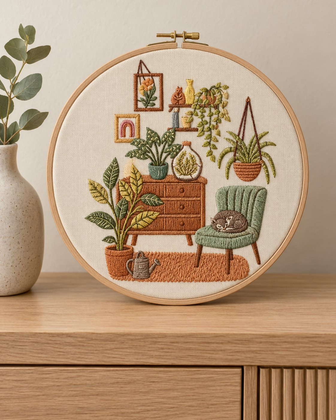 Kit broderie — Intérieur végétal et chat endormi | Coutureo