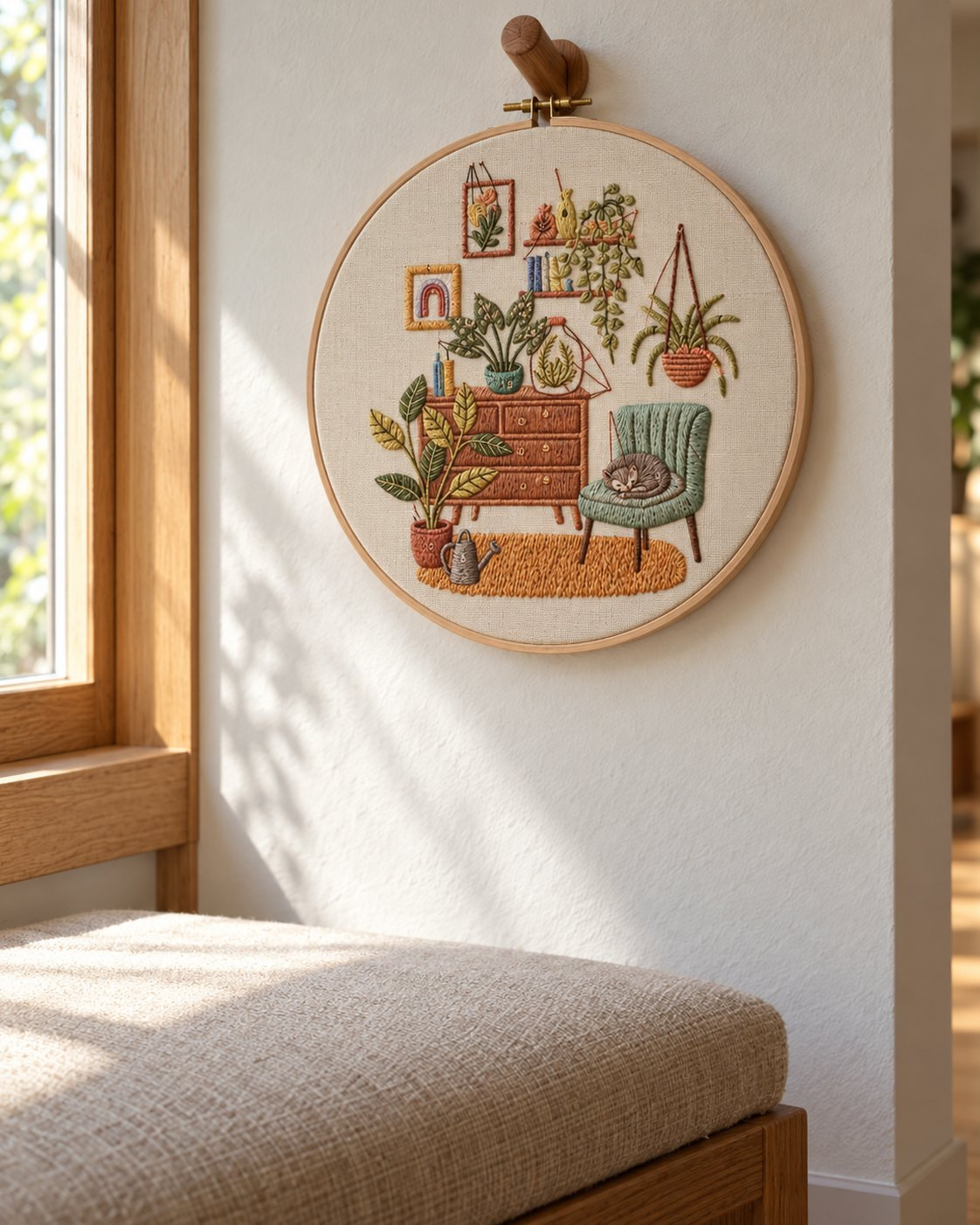 Kit broderie — Intérieur végétal et chat endormi