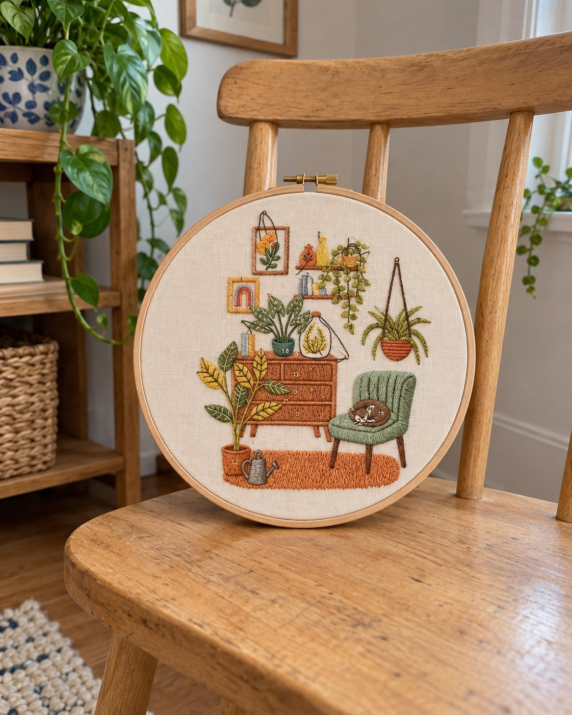 Kit broderie — Intérieur végétal et chat endormi