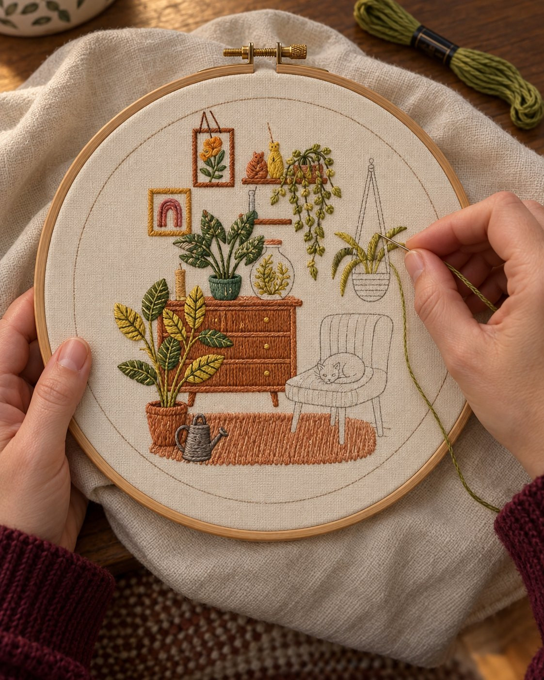 Kit broderie — Intérieur végétal et chat endormi