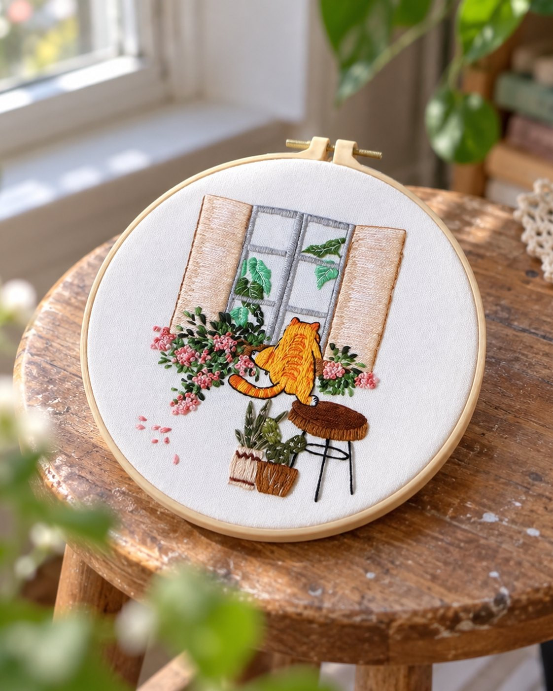 Kit broderie — Chat roux à la fenêtre fleurie