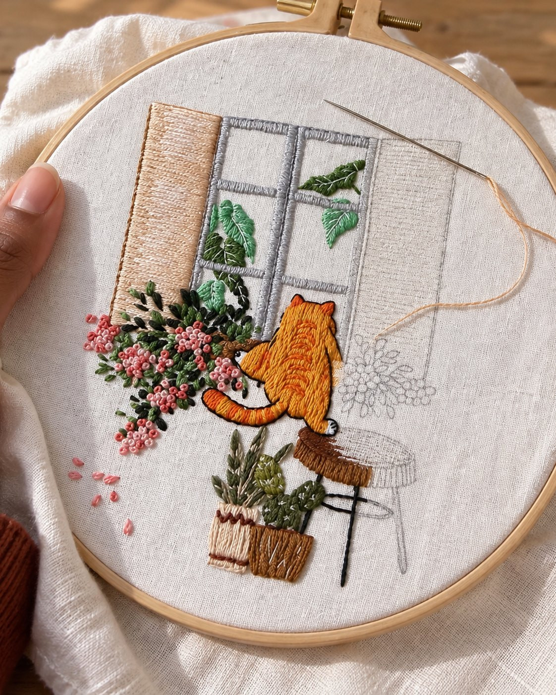 Kit broderie — Chat roux à la fenêtre fleurie