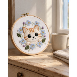 Kit broderie — Chaton blanc et fleurs bleues
