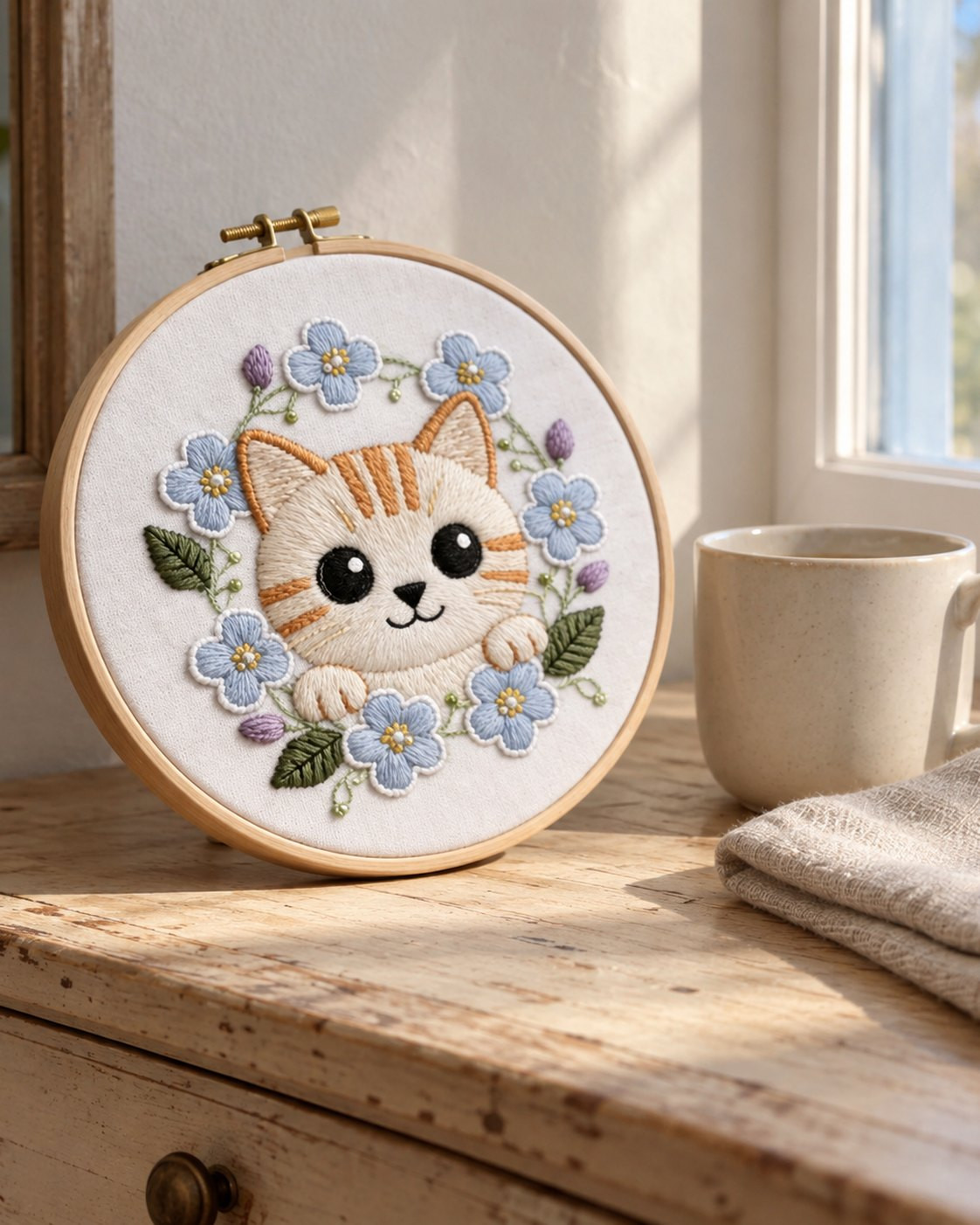 Kit broderie — Chaton blanc et fleurs bleues | Coutureo