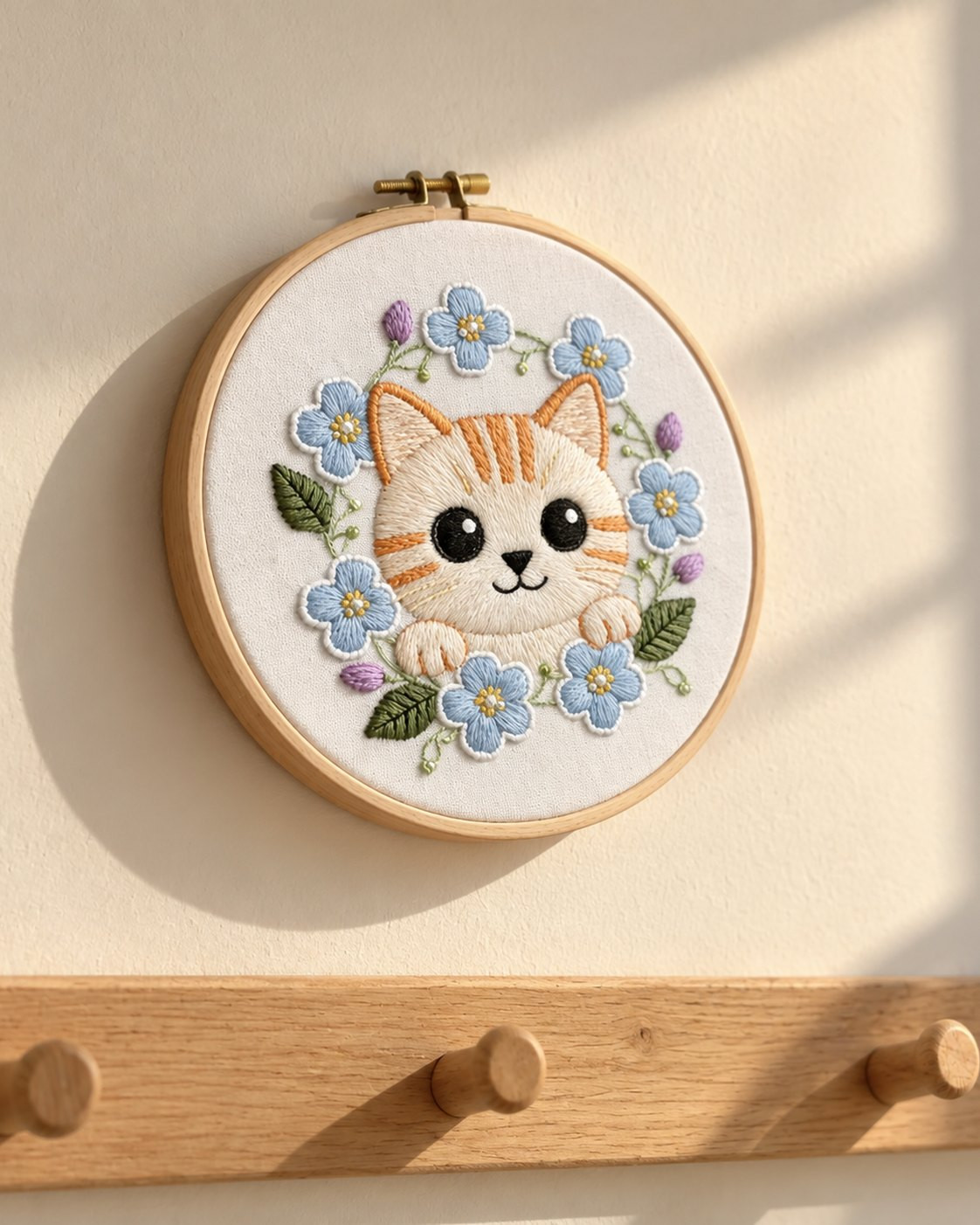 Kit broderie — Chaton blanc et fleurs bleues