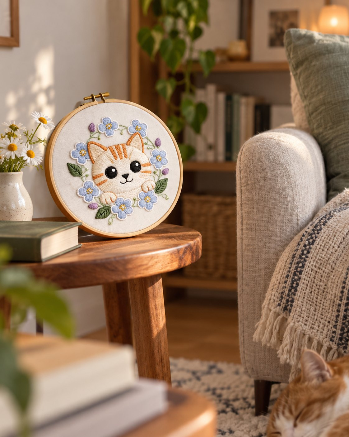 Kit broderie — Chaton blanc et fleurs bleues