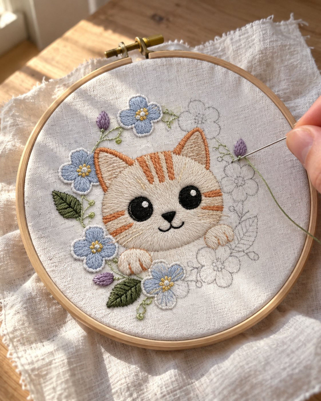 Kit broderie — Chaton blanc et fleurs bleues