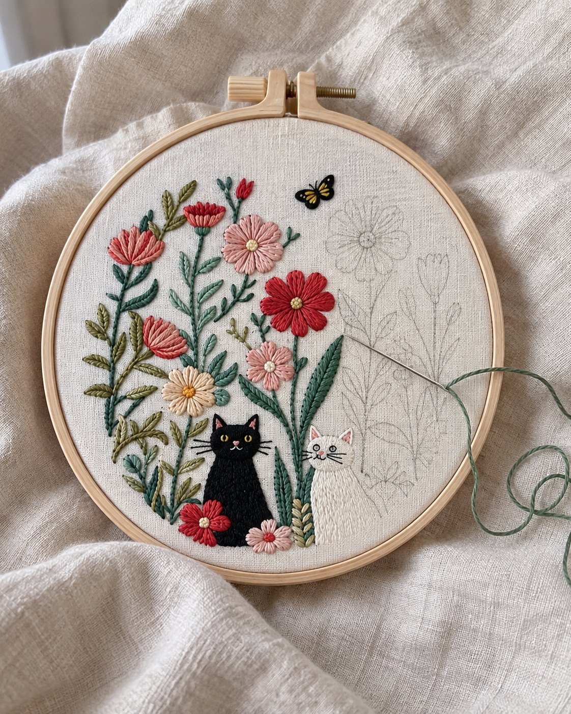 Kit broderie — Chat noir dans les fleurs