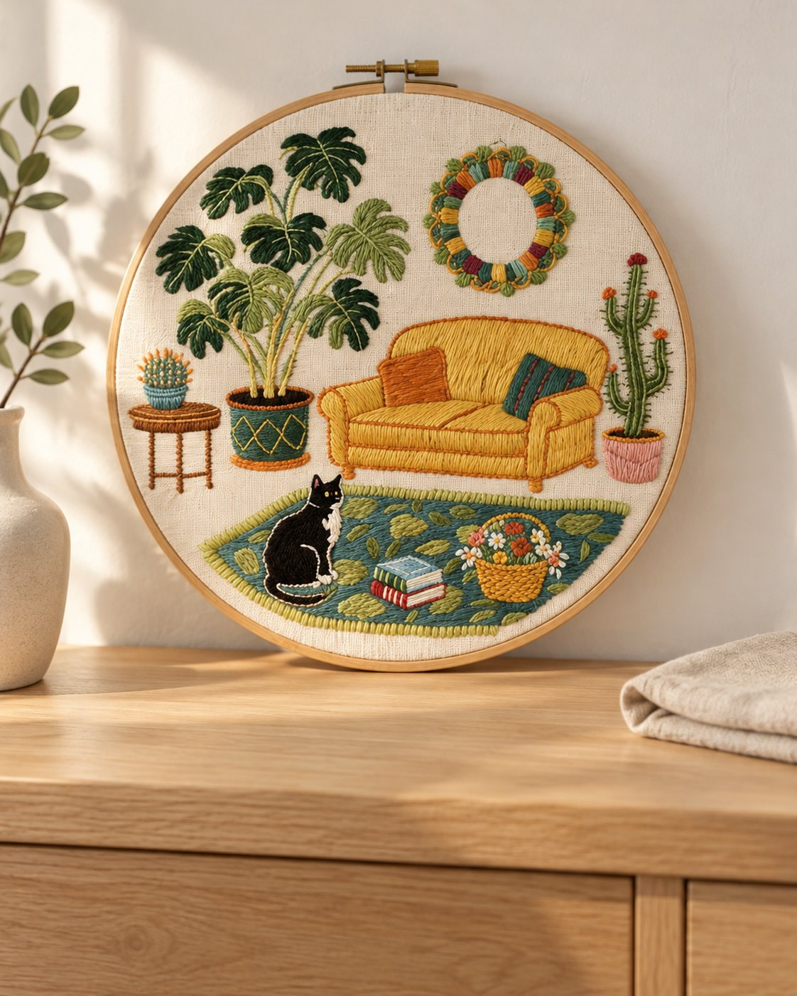 Kit broderie — Salon végétal et chat noir | Coutureo