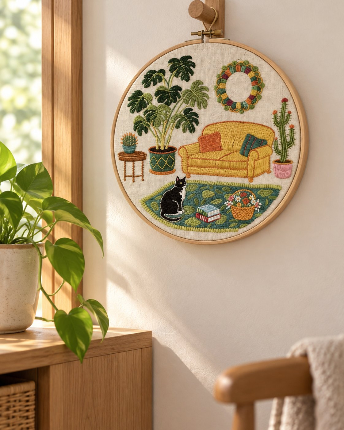 Kit broderie — Salon végétal et chat noir
