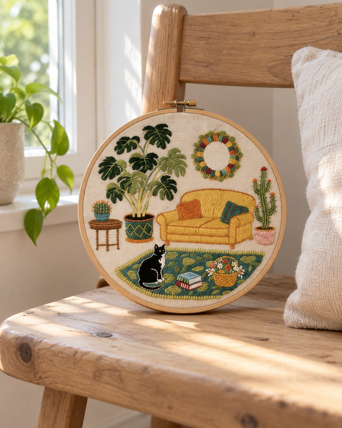 Kit broderie — Salon végétal et chat noir