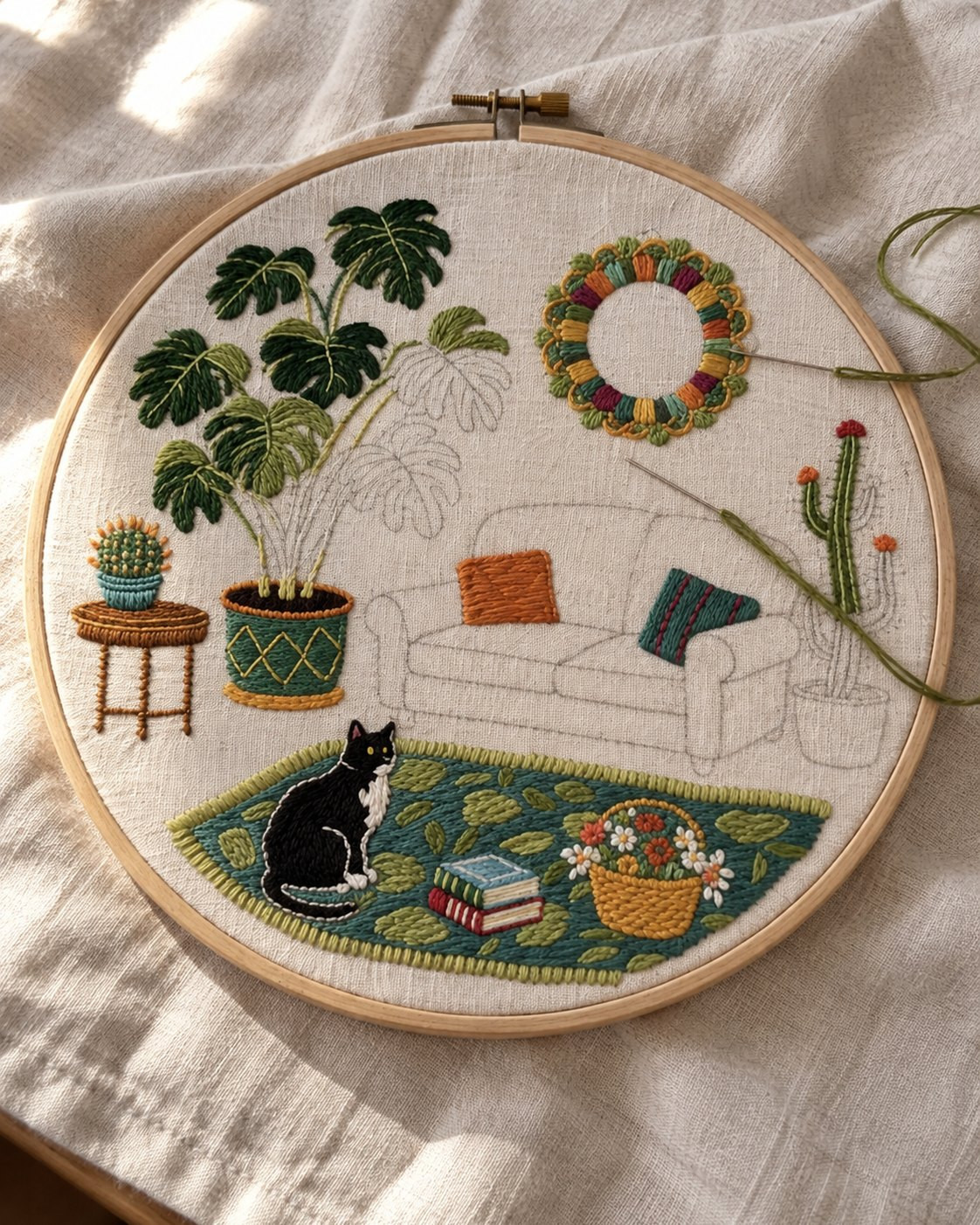 Kit broderie — Salon végétal et chat noir