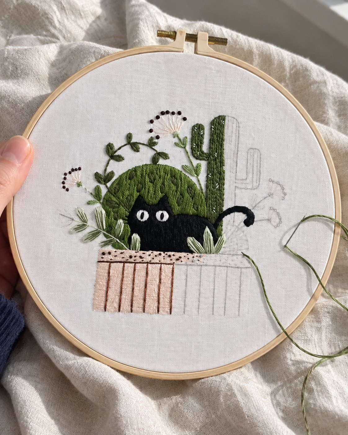 Kit broderie — Chat noir dans les cactus
