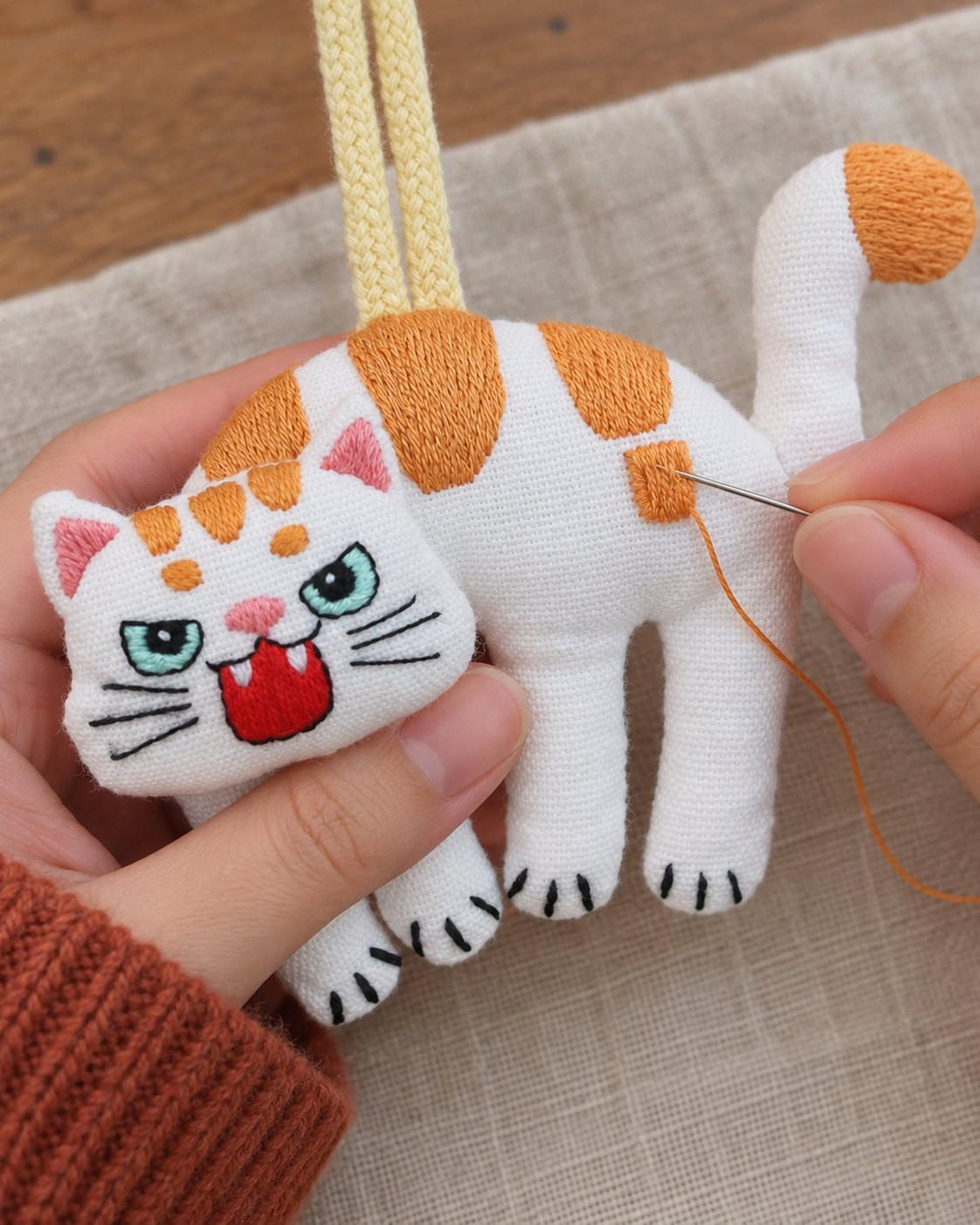 Kit suspension brodée — Chat blanc