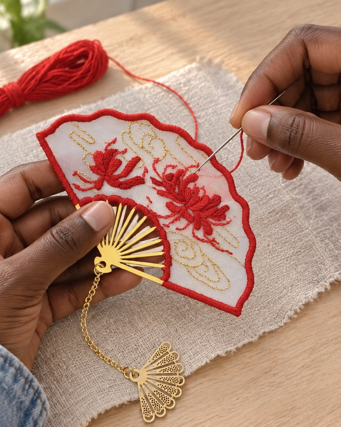 Kit broderie — Éventail paysage rouge