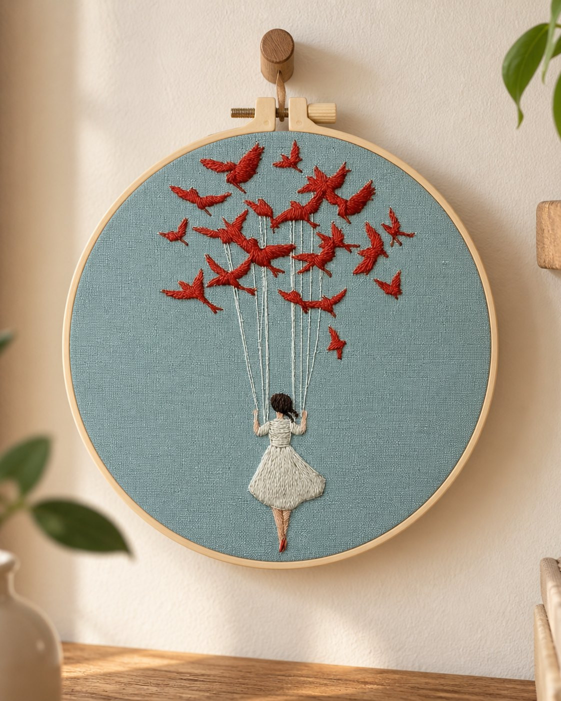 Kit broderie — Jeune fille portée par les oiseaux