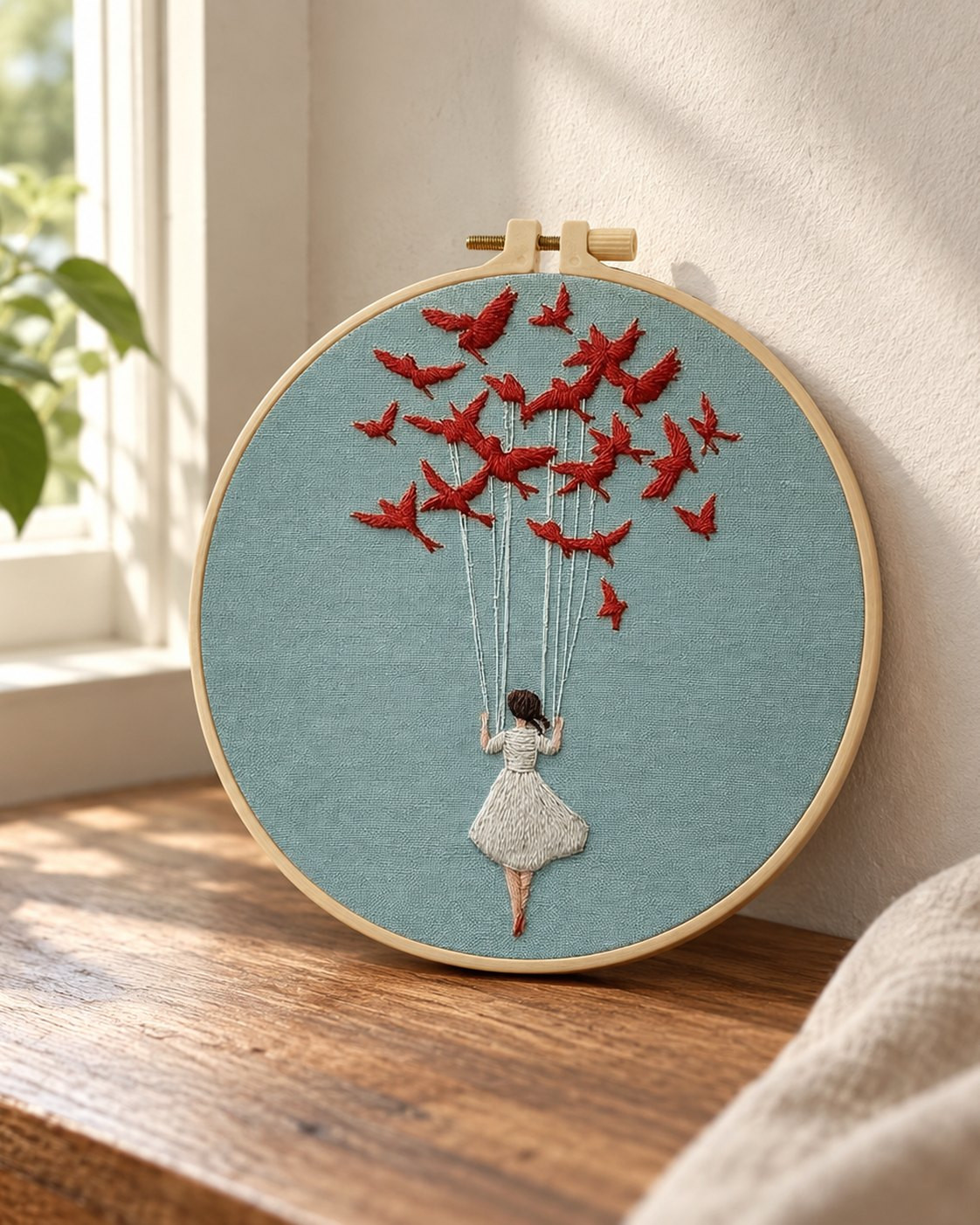 Kit broderie — Jeune fille portée par les oiseaux