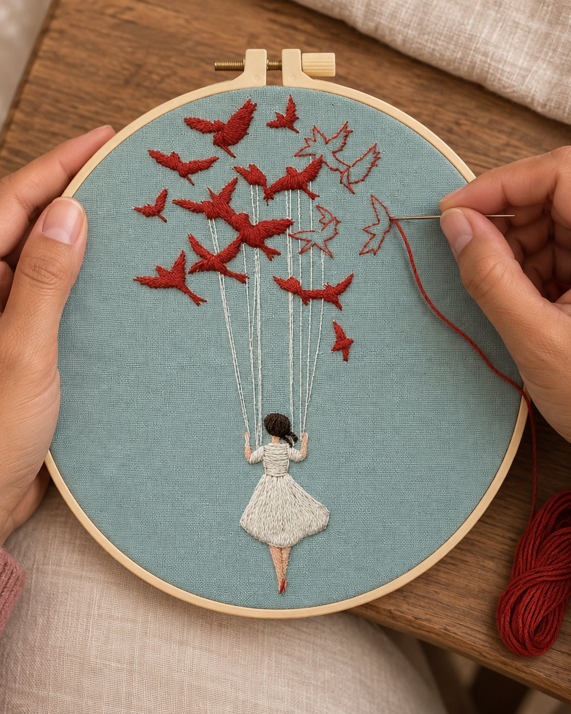 Kit broderie — Jeune fille portée par les oiseaux