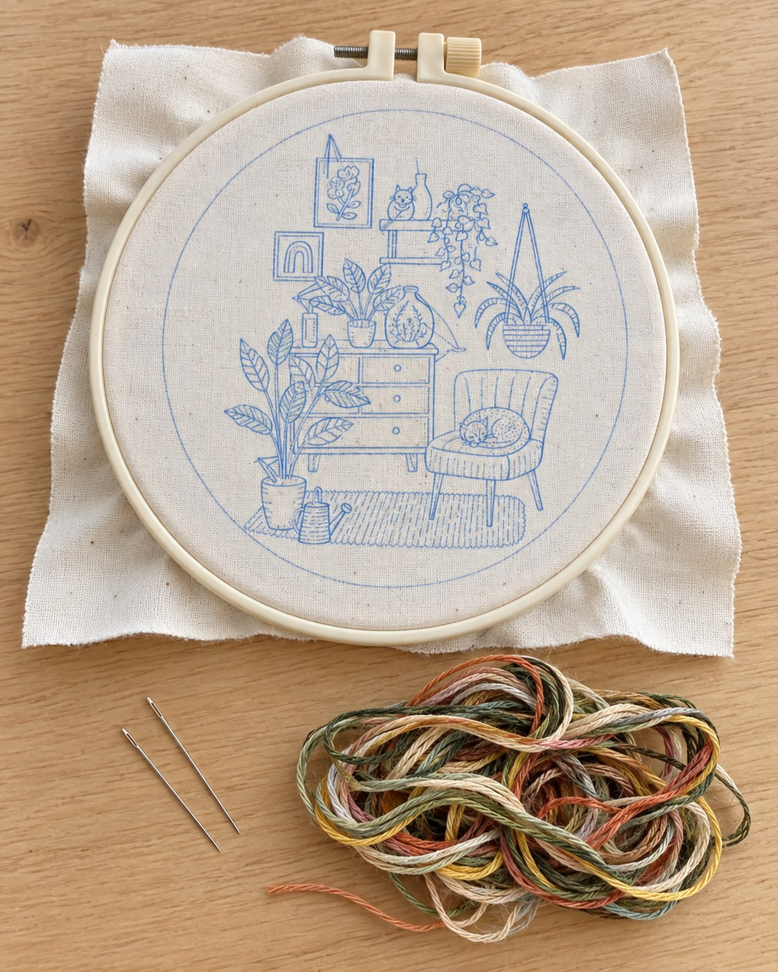 Kit broderie — Intérieur végétal et chat endormi