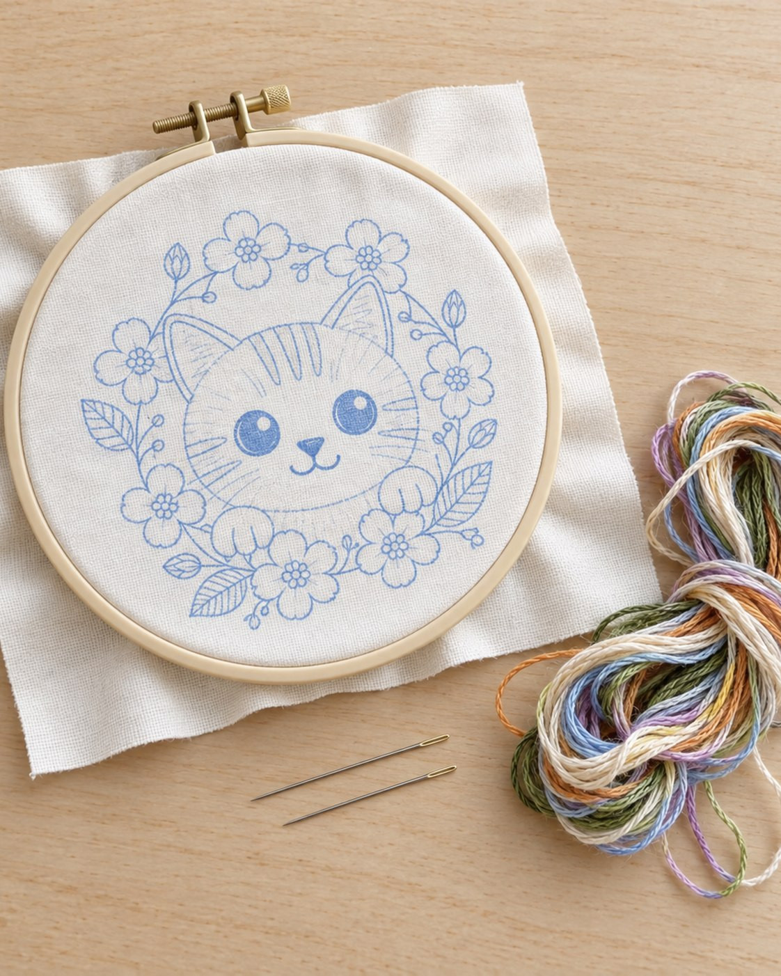 Kit broderie — Chaton blanc et fleurs bleues