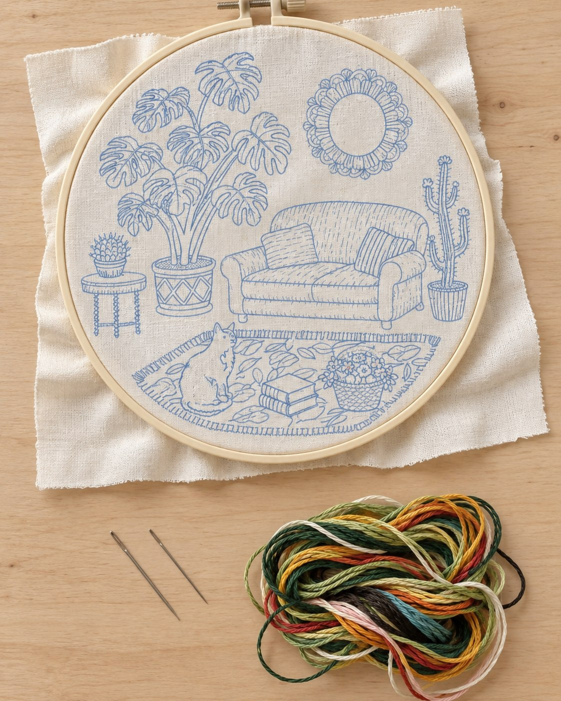 Kit broderie — Salon végétal et chat noir