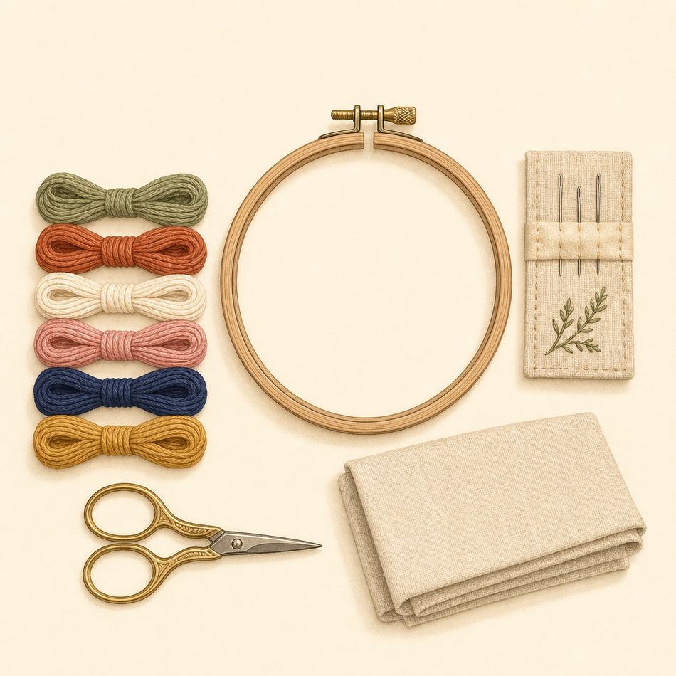 Vue de dessus du matériel de broderie débutant : tambour en bois, fils mouliné, aiguilles, toile