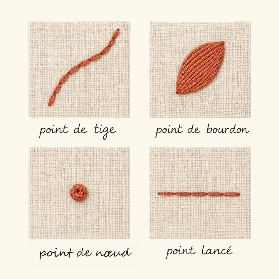 Schéma des 4 points de broderie de base : point de tige, point de bourdon, point de nœud, point lancé