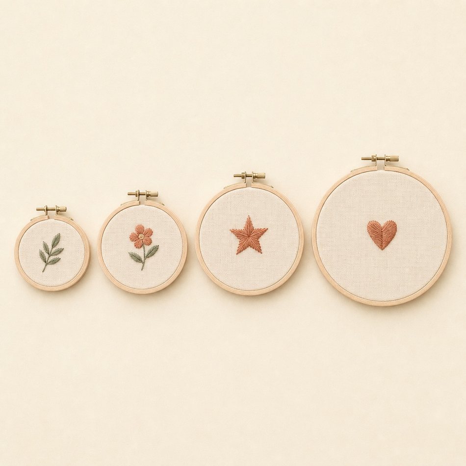 Quatre tambours en bois alignés du plus petit au plus grand, 10 cm à 25 cm, chacun avec un petit motif brodé