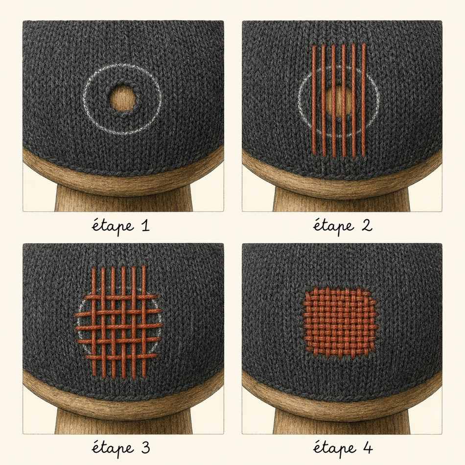 Schéma en quatre étapes : tracer le contour, fils verticaux, tissage horizontal, reprise terminée