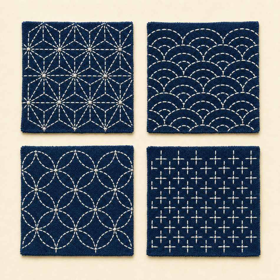 Quatre motifs sashiko traditionnels en fil blanc sur indigo : asanoha, seigaiha, shippo, kasuri-tsunagi