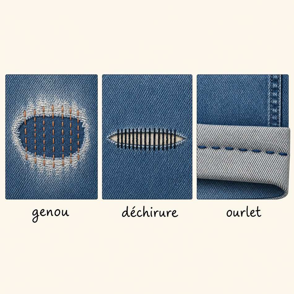 Schéma de trois cas de réparation jean : genou patch+sashiko, déchirure renfort+broderie, ourlet point arrière
