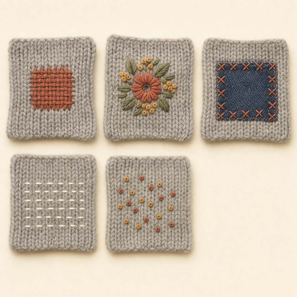 Gros plan d'un pull en laine avec un semis de petits points terracotta et mustard formant une constellation