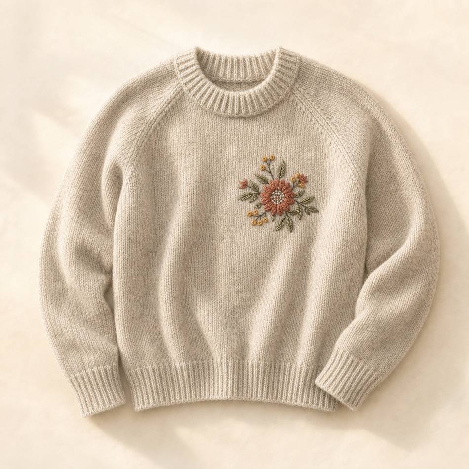 Pull en laine avec broderie florale visible mending qui englobe un petit trou, couleurs terracotta et sage