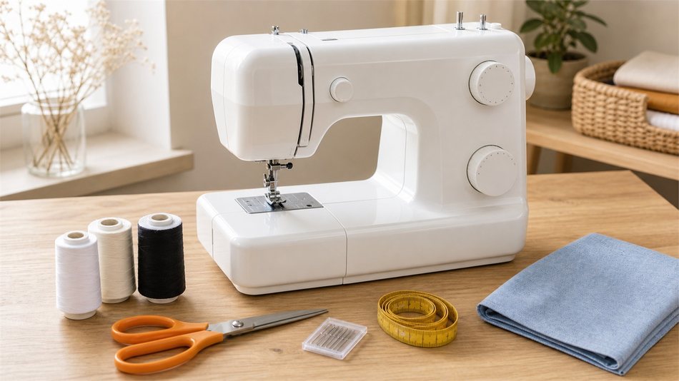 Atelier de couture débutant — machine à coudre, bobines de fil, ciseaux et tissu sur table en bois clair