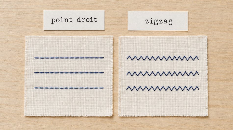 Comparatif visuel point droit et point zigzag cousus sur des chutes de coton