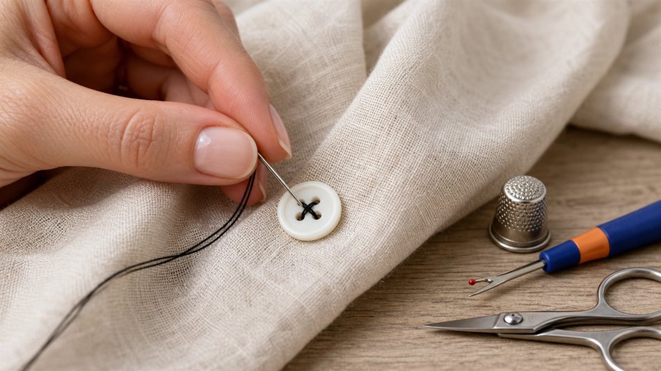 Main cousant un bouton à 4 trous sur tissu lin écru avec aiguille et fil noir doublé
