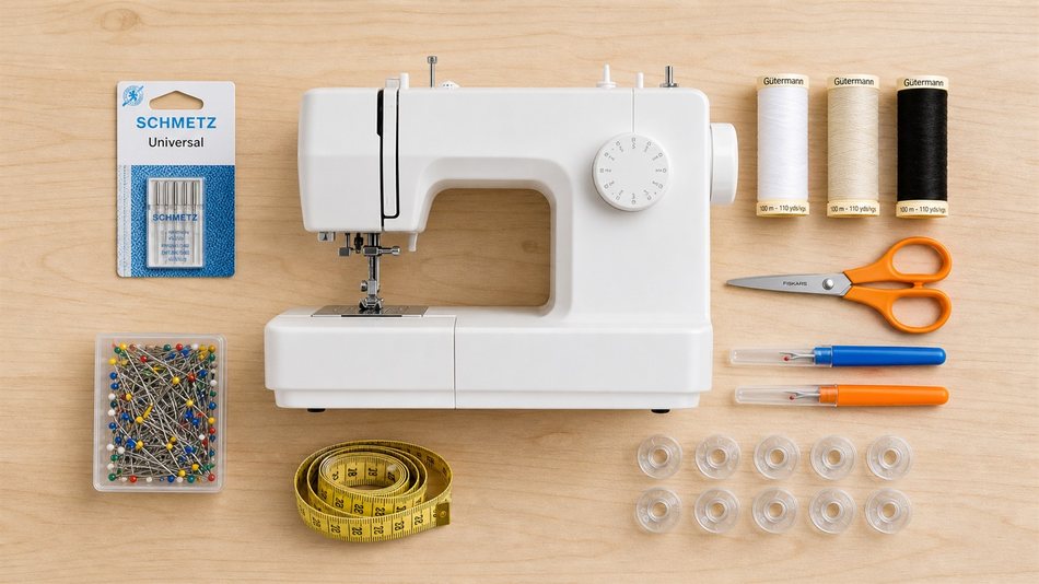 Flatlay du kit couture débutant essentiel — machine, aiguilles, fils, ciseaux, découd-vite et accessoires