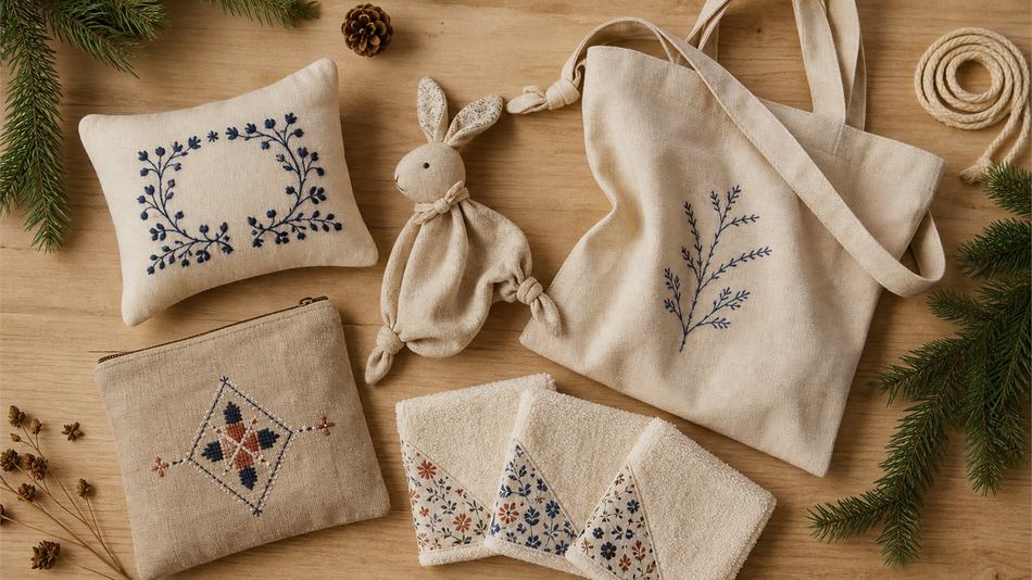 Composition de cadeaux faits main textile — coussin brodé, doudou, pochette, tote bag et lavettes sur une table en bois clair, ambiance Noël chaleureuse