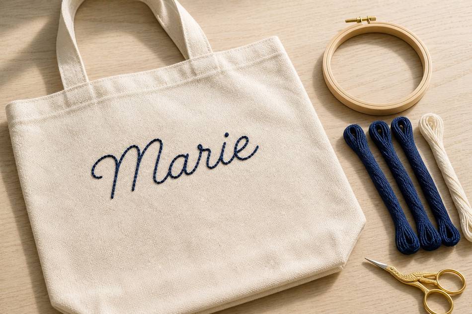 Tote bag en toile naturelle posé sur table avec broderie d'un prénom en script indigo, à côté du tambour à broder et de fils DMC