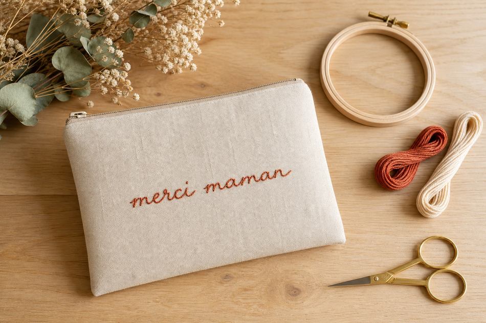 Pochette brodée en lin écru avec citation brodée en script terra cotta, posée sur table avec tambour et fils DMC