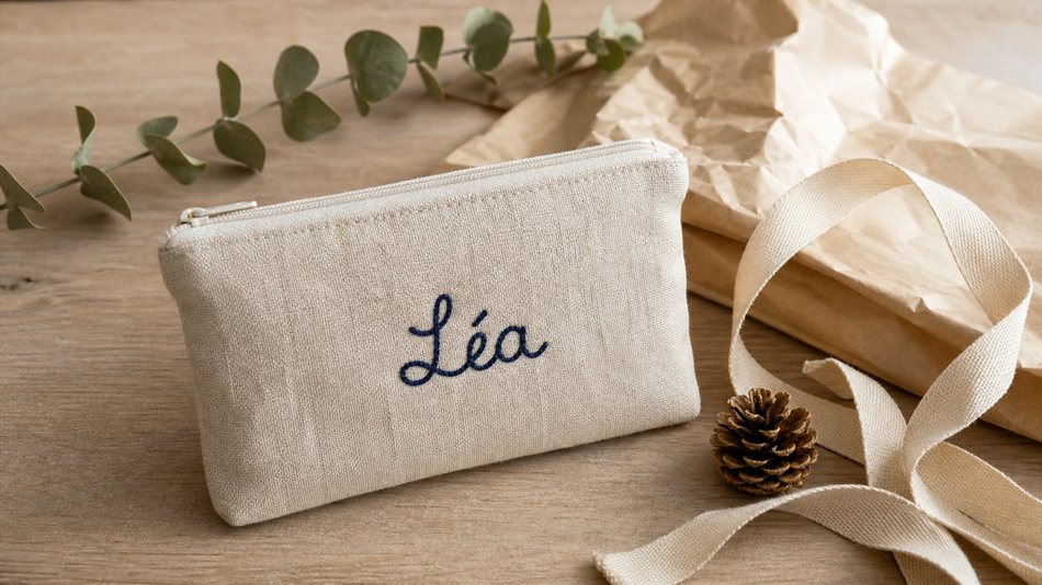 Trousse zippée en lin écru avec prénom brodé en indigo, fermeture éclair beige, accompagnée d'un emballage en kraft écru et ruban