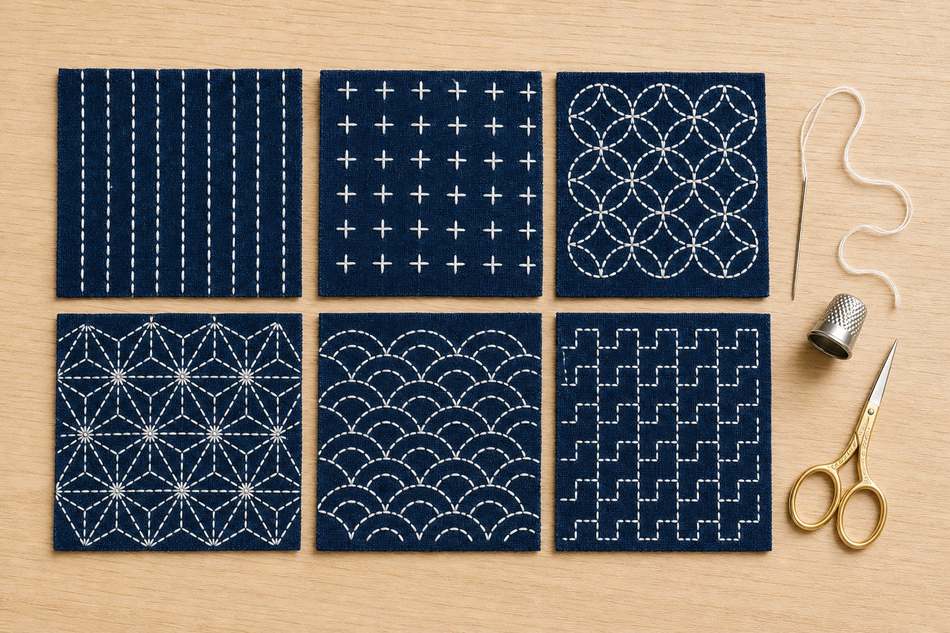 Composition de 6 motifs sashiko traditionnels brodés en fil blanc sur tissu indigo : hira-sashi, kakino-hana, shippo, asanoha, seigaiha, igeta